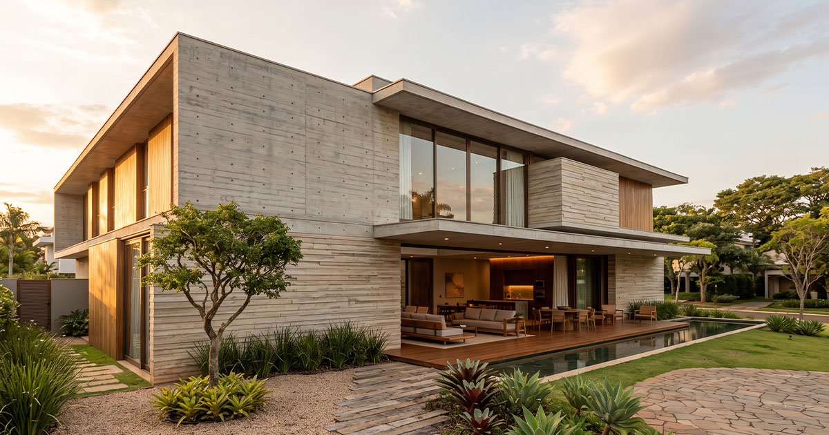 Fachada de casa contemporânea em concreto aparente e madeira, dois pavimentos, varanda integrada e espelho d’água