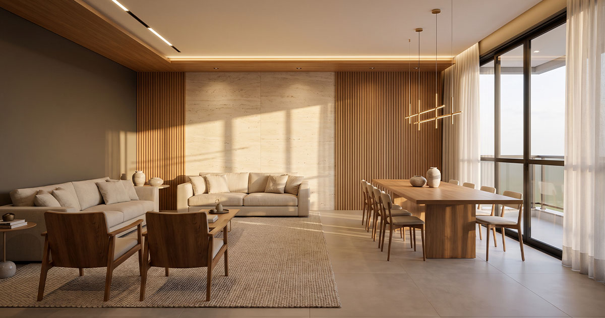 Sala de estar e jantar integradas em apartamento de alto padrão, painéis ripados de madeira e parede em travertino.