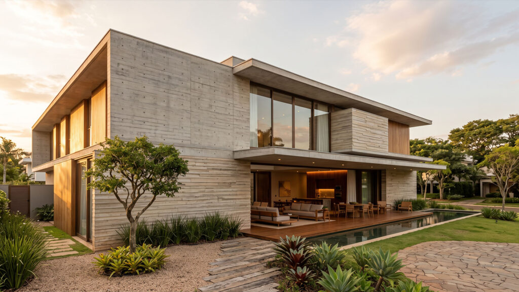 Fachada de casa contemporânea em concreto aparente e madeira, dois pavimentos, varanda integrada e espelho d’água