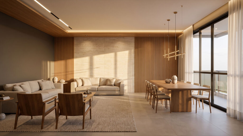 Sala de estar e jantar integradas em apartamento de alto padrão, painéis ripados de madeira e parede em travertino.