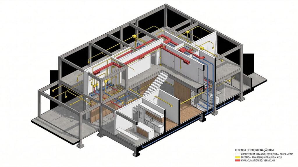 Modelo 3D BIM com arquitetura, estrutura, elétrica, hidráulica e dutos de climatização compatibilizados