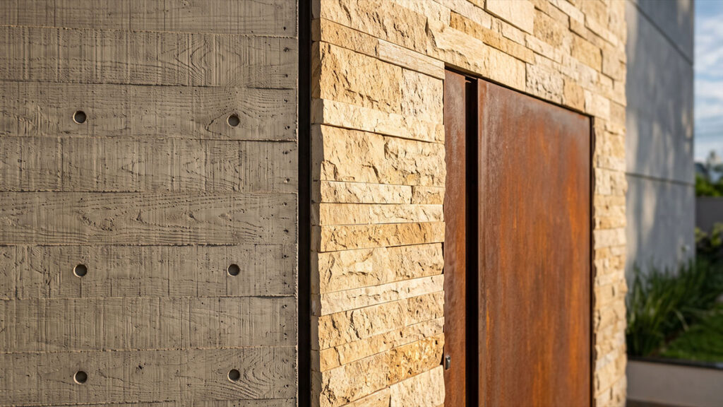 Detalhe de fachada: concreto aparente ripado, pedra natural e porta em aço corten, linguagem contemporânea