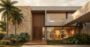 Fachada de casa de alto padrão com pedra natural, concreto aparente, madeira ripada e grandes panos de vidro