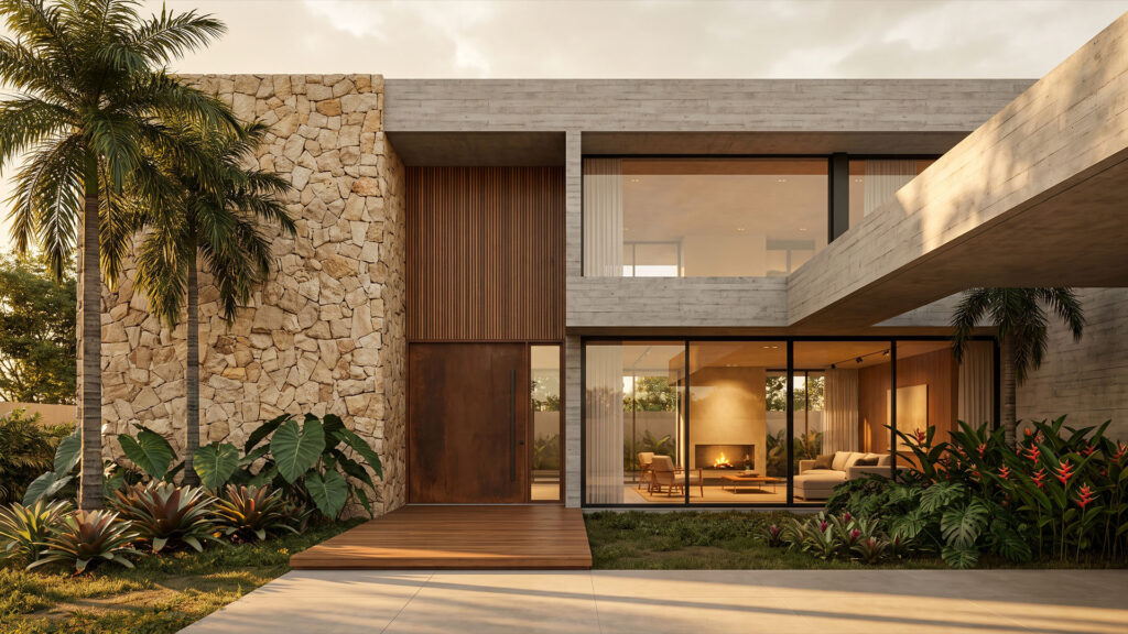 Fachada de casa de luxo com concreto aparente, pedra natural, madeira e paisagismo tropical