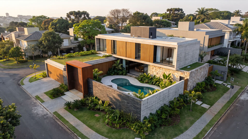 Residência contemporânea com concreto aparente, painéis de madeira, pedra natural, piscina e paisagismo tropical