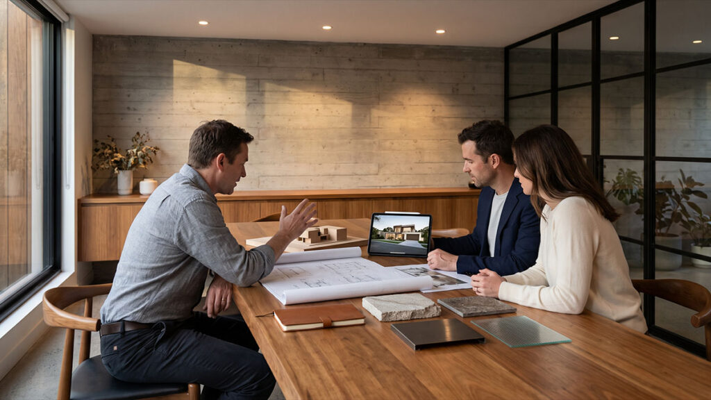 Arquiteto apresenta projeto residencial a clientes com plantas, maquete, amostras de materiais e imagem digital.