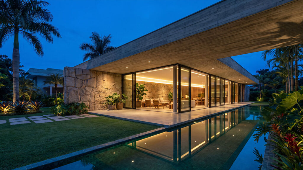 Casa contemporânea com piscina linear, pedra natural, concreto aparente, esquadrias de vidro e paisagismo tropical ao entardecer