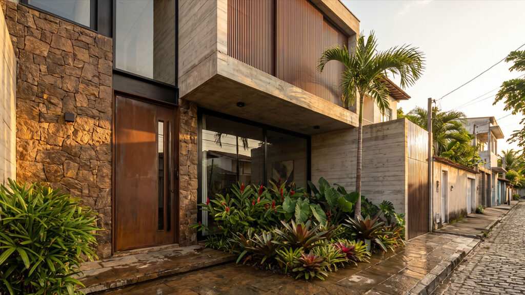 Fachada residencial contemporânea com pedra natural, concreto aparente, brises de madeira e jardim tropical