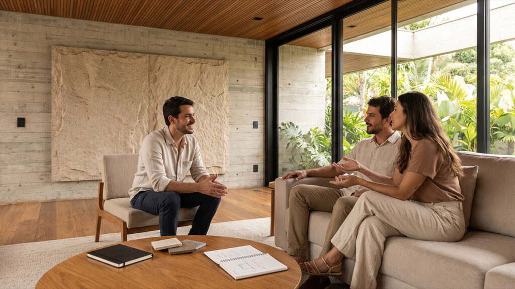 Arquiteto conversa com casal em sala integrada com concreto, madeira, pedra natural e jardim tropical