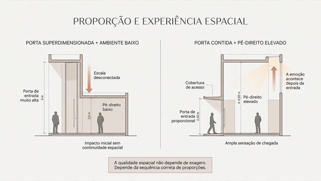 Diagrama comparando porta alta com ambiente baixo e porta proporcional com pé-direito elevado.