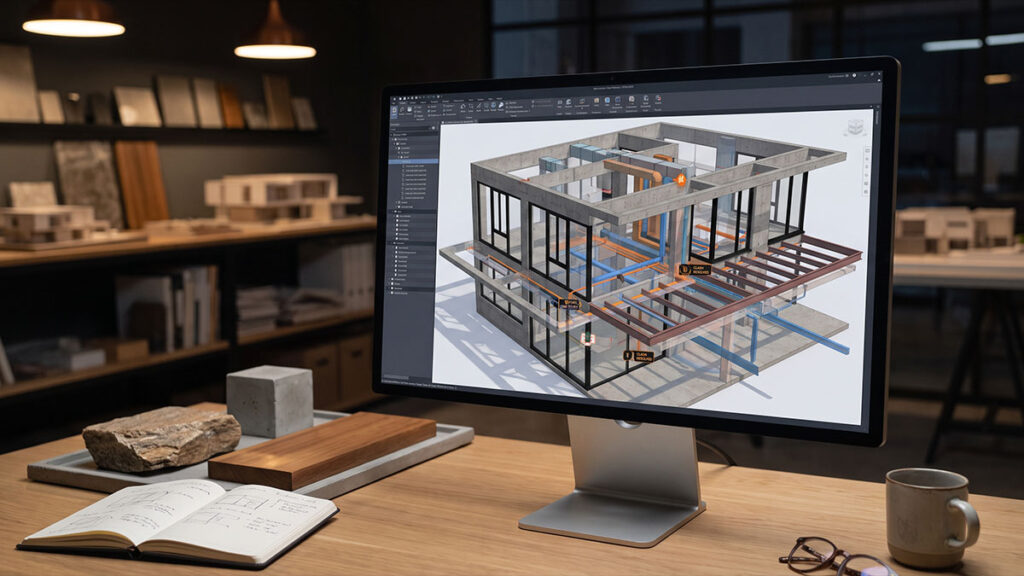 Monitor exibe modelo BIM de residência contemporânea com estrutura de concreto, esquadrias e instalações técnicas.