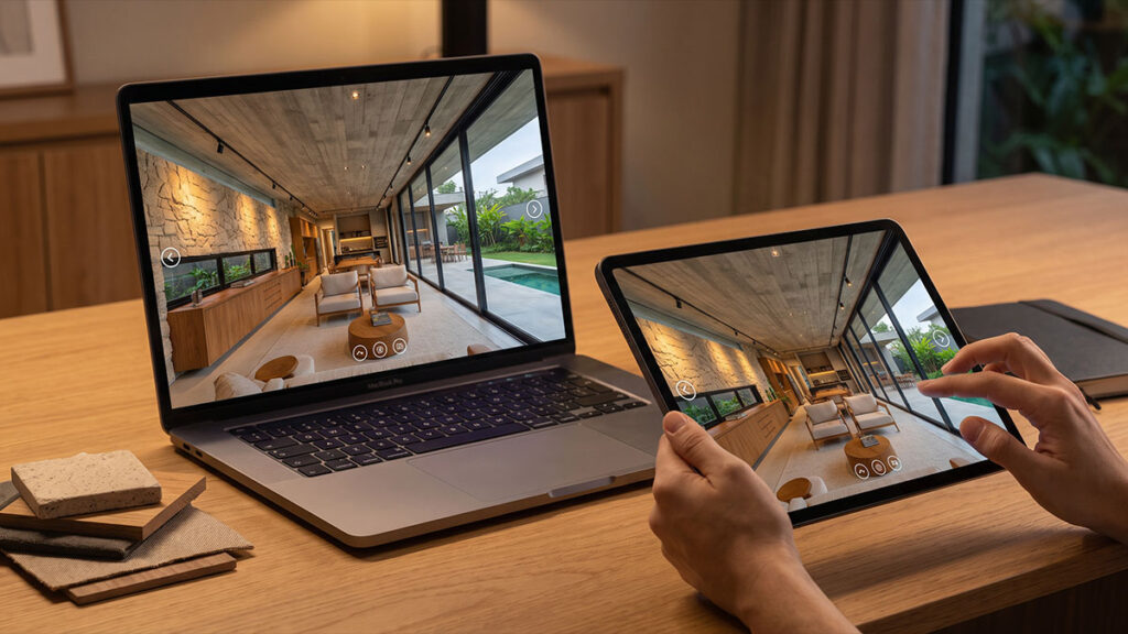 Notebook e tablet exibem visualização virtual de sala integrada com piscina e materiais naturais
