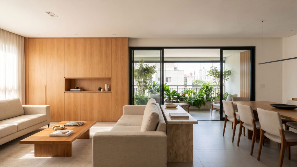 Sala de apartamento com painel de marcenaria em madeira clara, sofás bege, mesa de jantar e varanda envidraçada com plantas