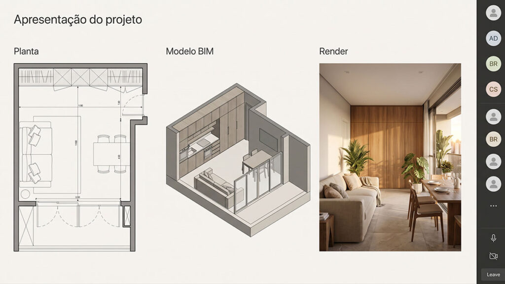 Tela de videoconferência com slide "Apresentação do projeto" exibindo planta baixa, modelo BIM isométrico e render de sala