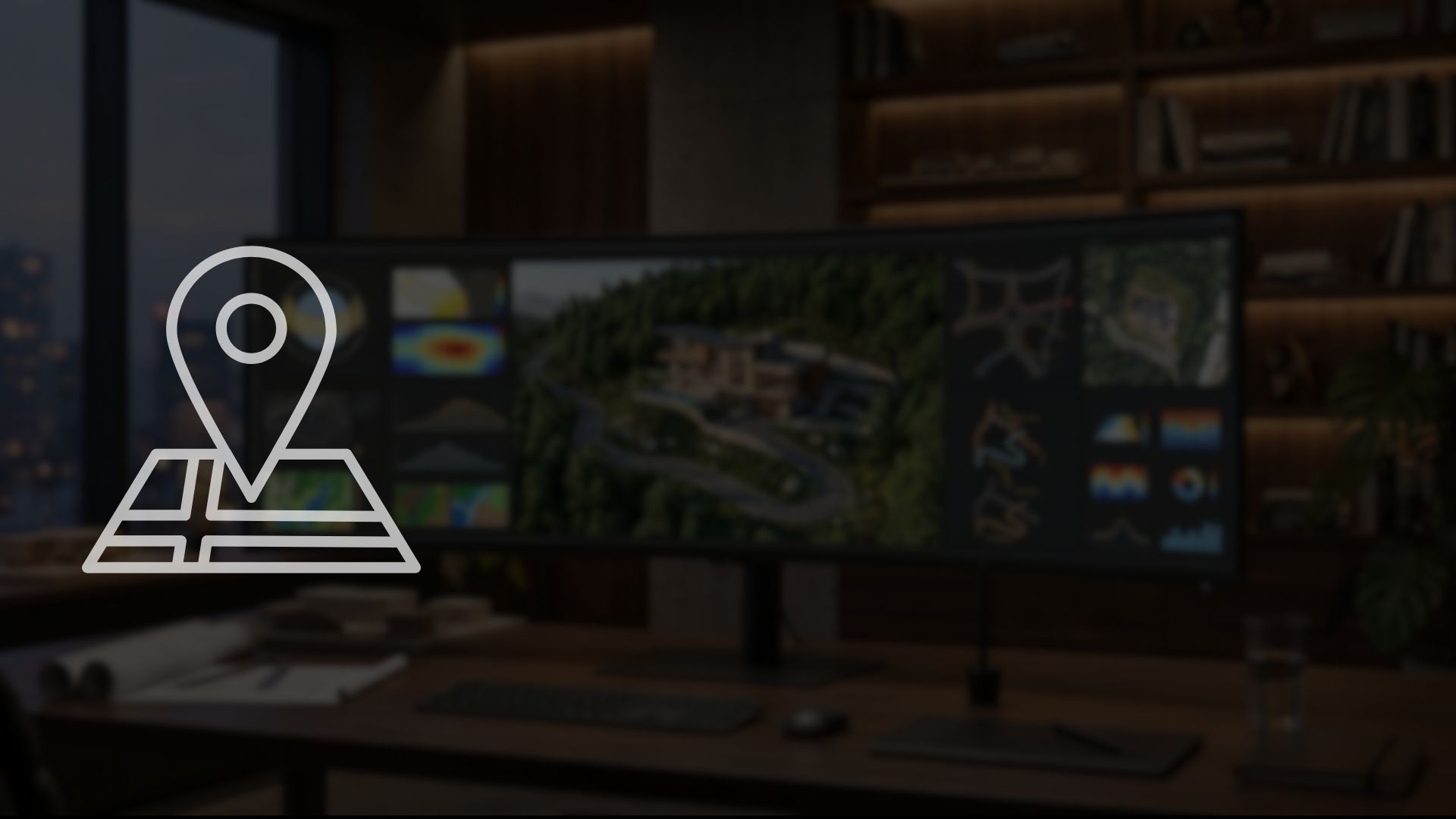 Monitor ultrawide com vista aérea de terreno em encosta, mapas de calor e gráficos climáticos, com ícone de localização em primeiro plano
