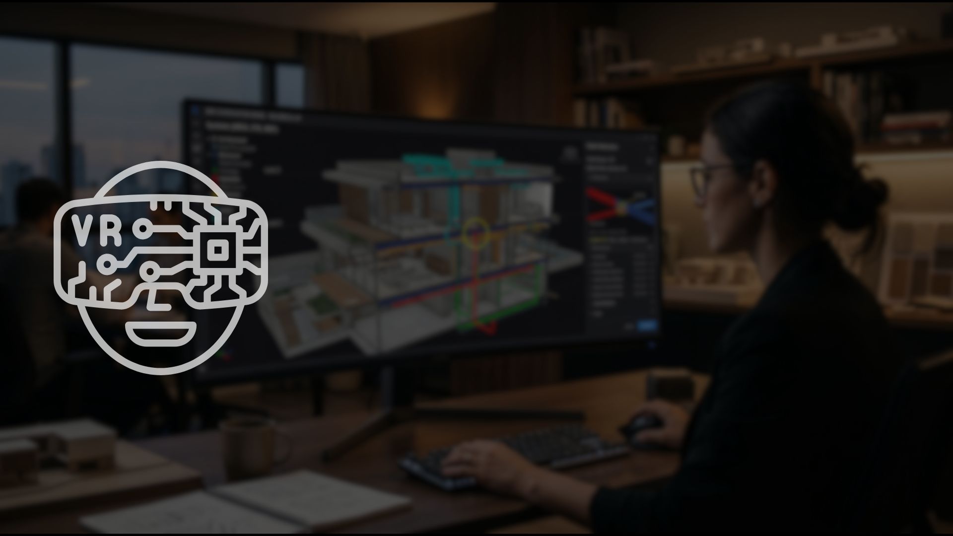 Profissional diante de monitor com modelo 3D BIM de residência e instalações coloridas, com ícone de óculos de realidade virtual